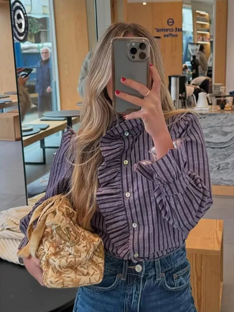 Sweet Women Ruffles Plaid Purple Shirts 2025 Fashion Ladies Casual Stand Collar Blouses for Party Female Elegant Tops Clothes 4
