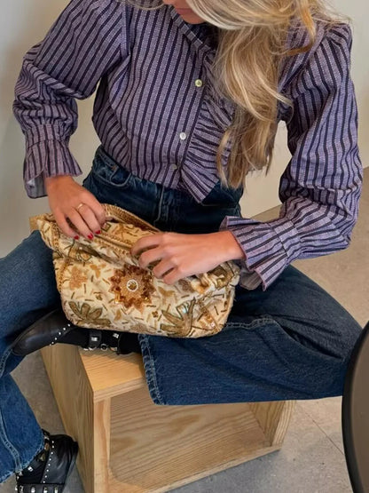 Sweet Women Ruffles Plaid Purple Shirts 2025 Fashion Ladies Casual Stand Collar Blouses for Party Female Elegant Tops Clothes 5