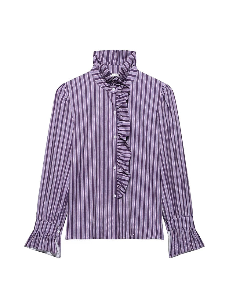 Sweet Women Ruffles Plaid Purple Shirts 2025 Fashion Ladies Casual Stand Collar Blouses for Party Female Elegant Tops Clothes 6