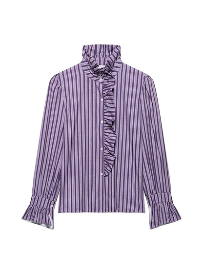 Sweet Women Ruffles Plaid Purple Shirts 2025 Fashion Ladies Casual Stand Collar Blouses for Party Female Elegant Tops Clothes 6