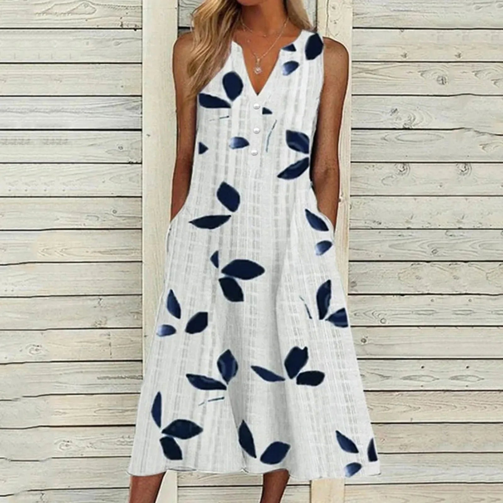 Tessa Leaf Print Maxi Dress – Stylish V-Neck Sleeveless Summer Outfit 0