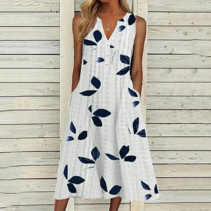 Tessa Leaf Print Maxi Dress – Stylish V-Neck Sleeveless Summer Outfit 0