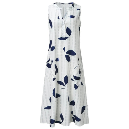 Tessa Leaf Print Maxi Dress – Stylish V-Neck Sleeveless Summer Outfit 5