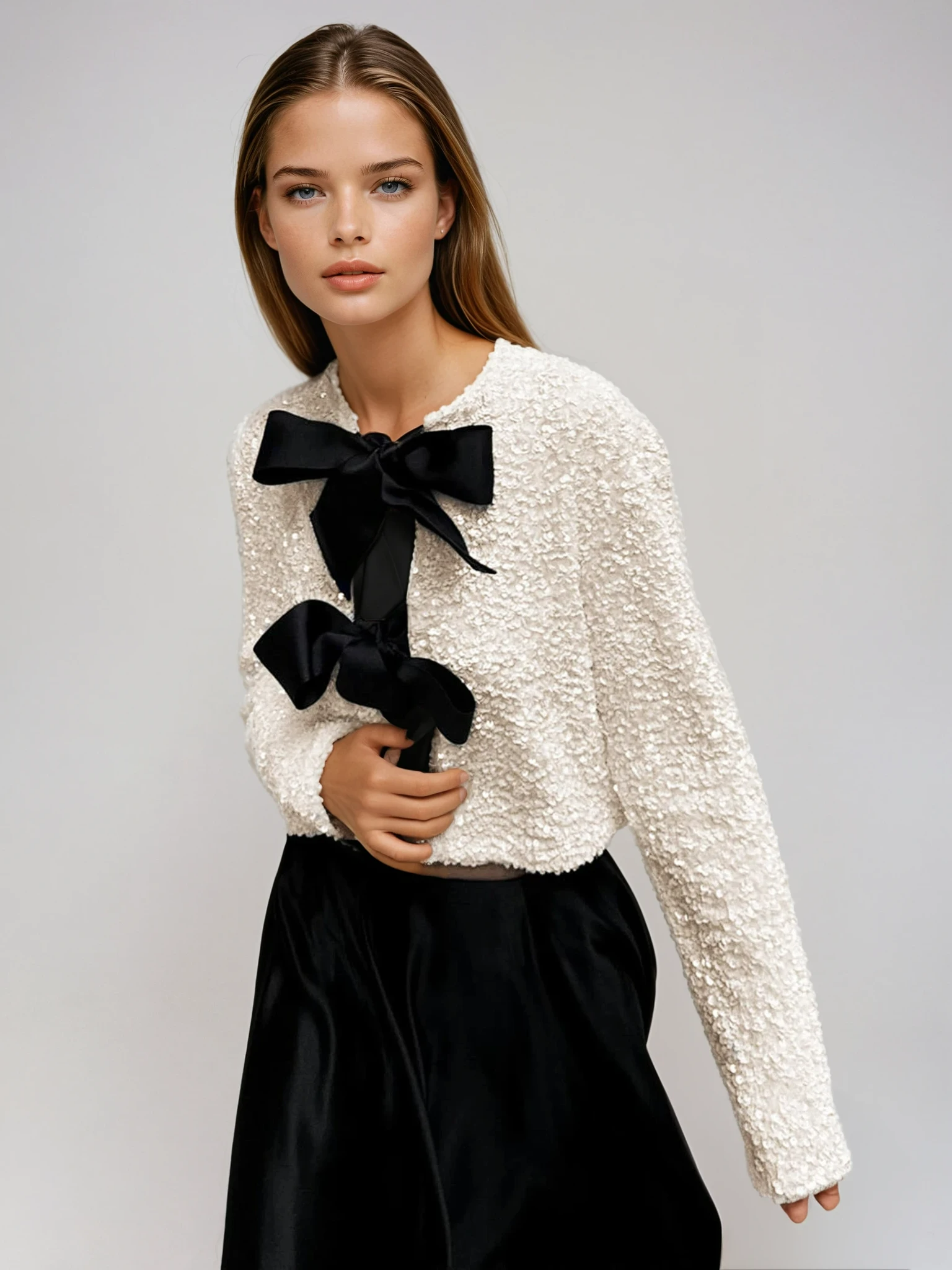 Textured Sequin Jacket with Velvet Bow Detail 0