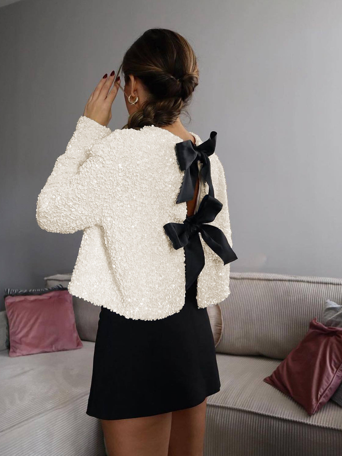 Textured Sequin Jacket with Velvet Bow Detail 1