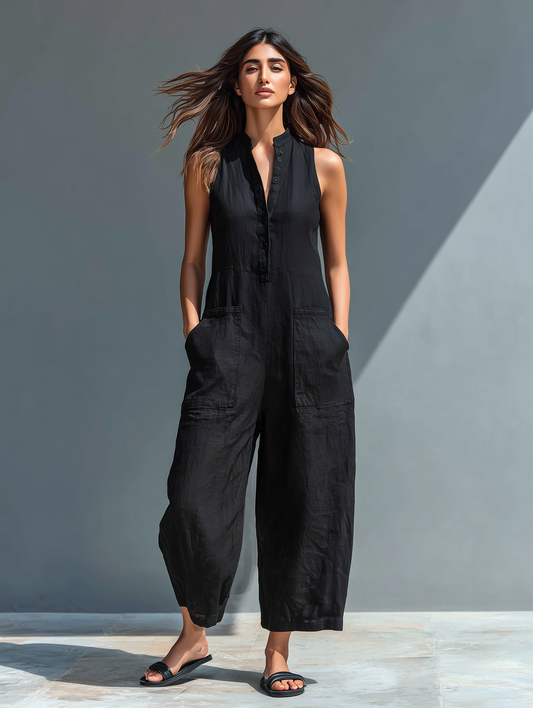 Thalia | Women's Sleeveless Mandarin Collar Jumpsuit 0