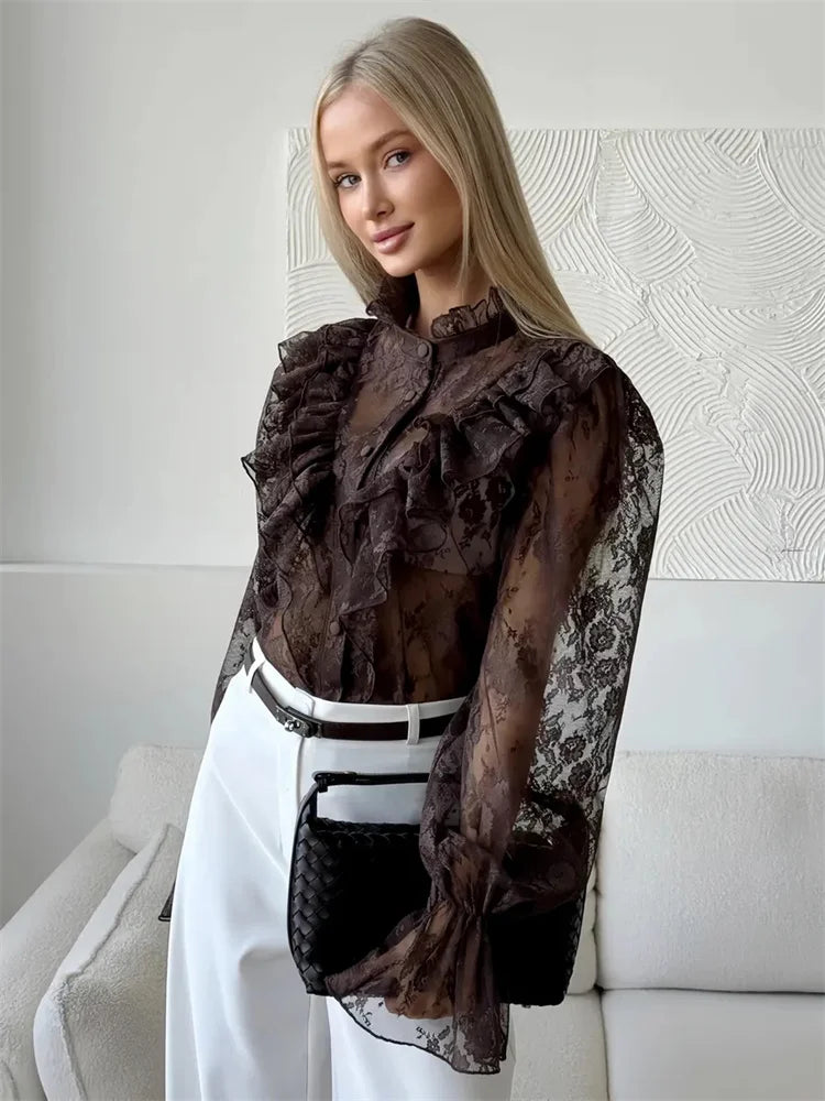 Tossy Lace Ruffled Printed Shirts Female See-Through Patchwork Lace-Up Long Sleeve Commute Clothes Top Women's Summer Blouses 1