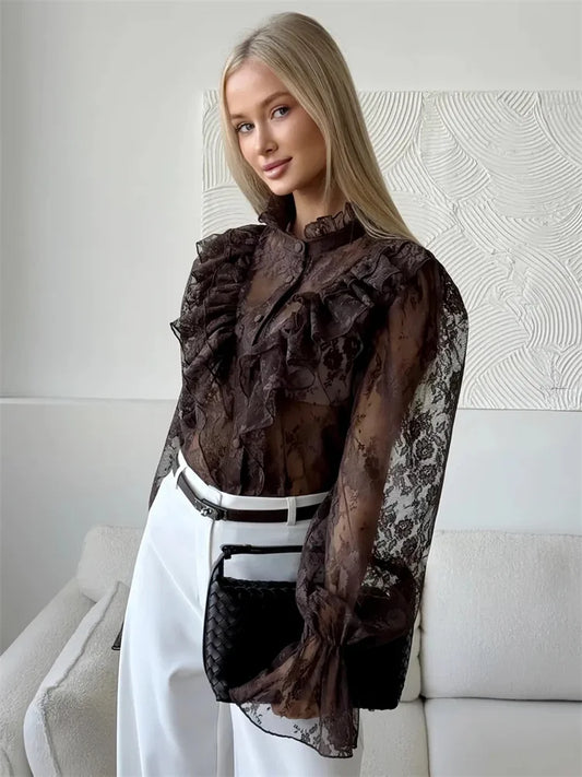 Tossy Lace Ruffled Printed Shirts Female See-Through Patchwork Lace-Up Long Sleeve Commute Clothes Top Women's Summer Blouses 1