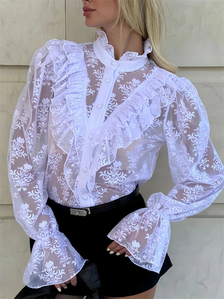 Tossy Lace Ruffled Printed Shirts Female See-Through Patchwork Lace-Up Long Sleeve Commute Clothes Top Women's Summer Blouses 3