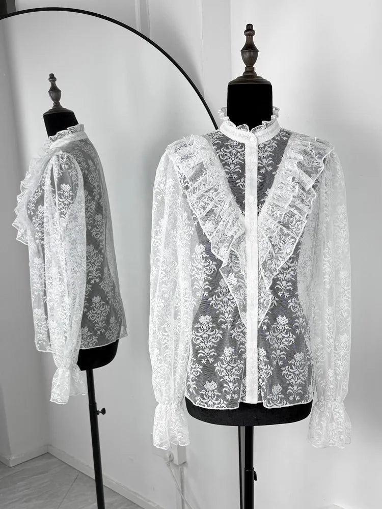 Tossy Lace Ruffled Printed Shirts Female See-Through Patchwork Lace-Up Long Sleeve Commute Clothes Top Women's Summer Blouses 5