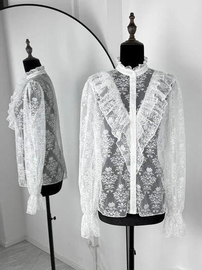 Tossy Lace Ruffled Printed Shirts Female See-Through Patchwork Lace-Up Long Sleeve Commute Clothes Top Women's Summer Blouses 5