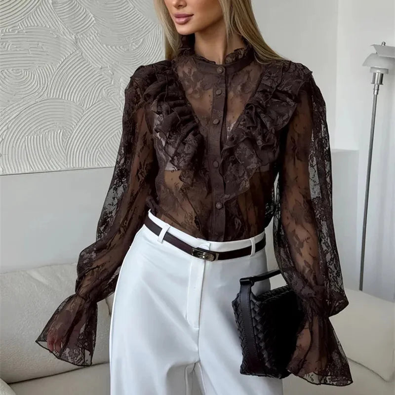 Tossy Lace Ruffled Printed Shirts Female See-Through Patchwork Lace-Up Long Sleeve Commute Clothes Top Women's Summer Blouses 6