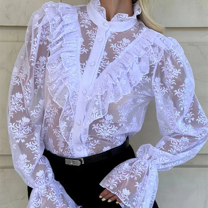 Tossy Lace Ruffled Printed Shirts Female See-Through Patchwork Lace-Up Long Sleeve Commute Clothes Top Women's Summer Blouses 7