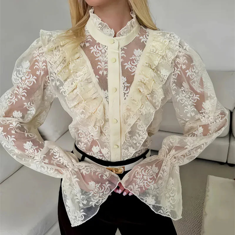 Tossy Lace Ruffled Printed Shirts Female See-Through Patchwork Lace-Up Long Sleeve Commute Clothes Top Women's Summer Blouses 8