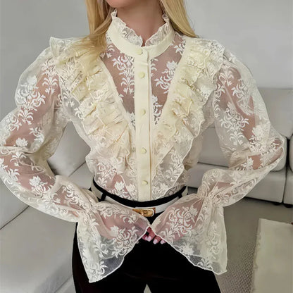 Tossy Lace Ruffled Printed Shirts Female See-Through Patchwork Lace-Up Long Sleeve Commute Clothes Top Women's Summer Blouses 8