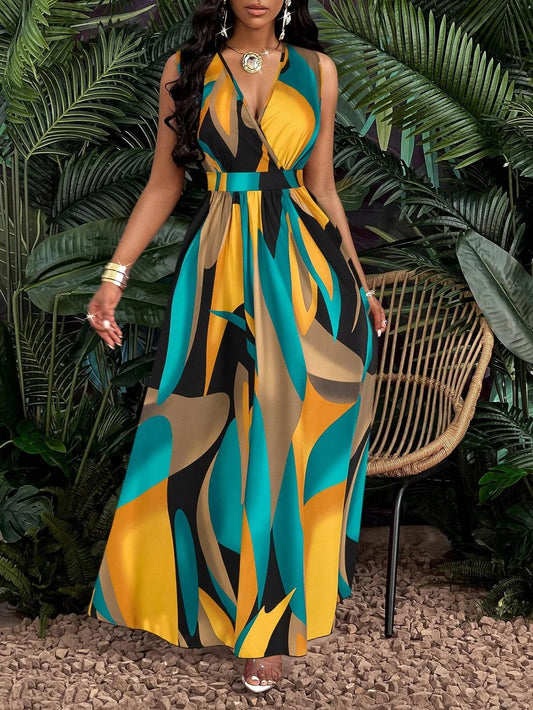 Tropical V-Neck Maxi Dress – Vibrant Print for Summer Outings 0