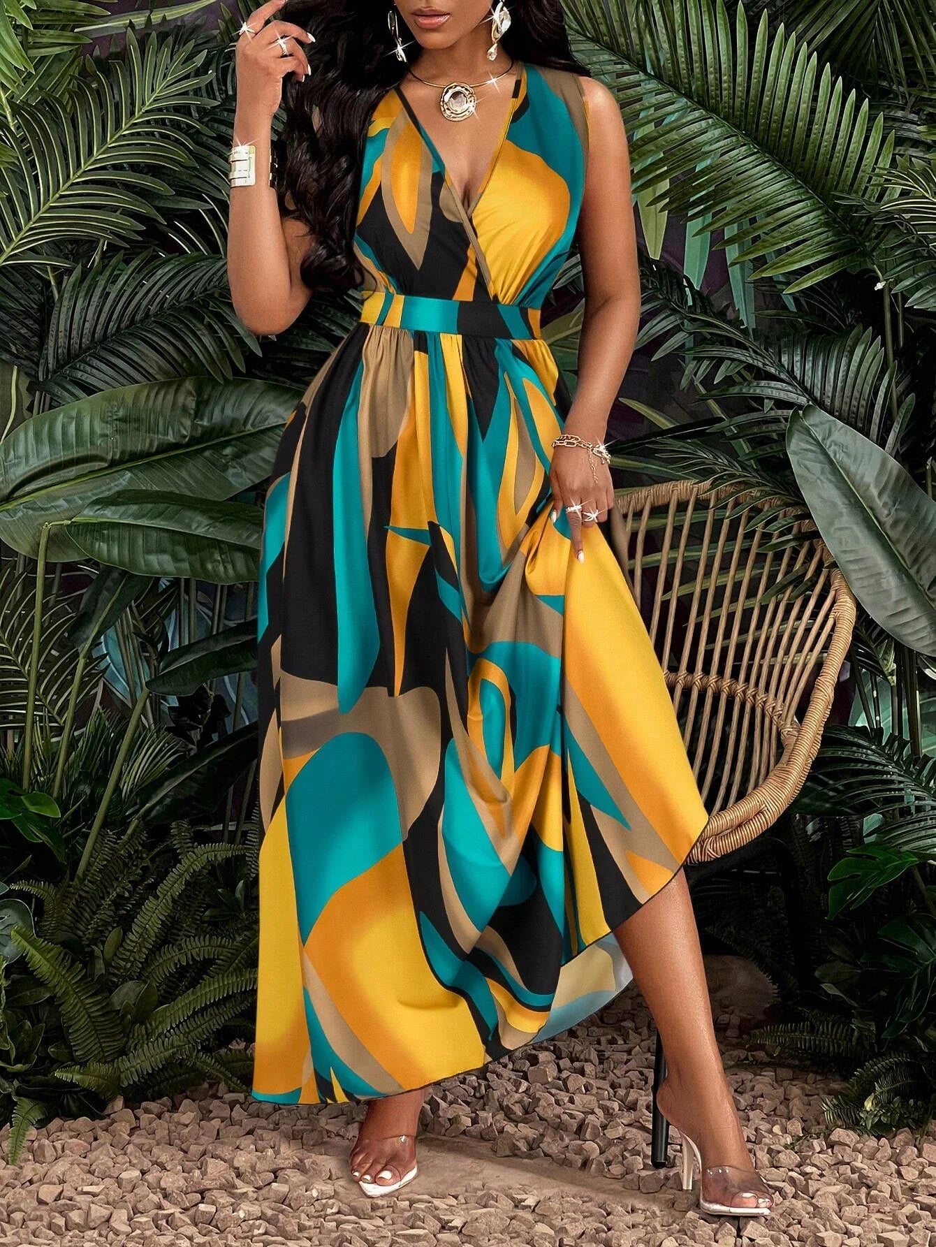 Tropical V-Neck Maxi Dress – Vibrant Print for Summer Outings 2