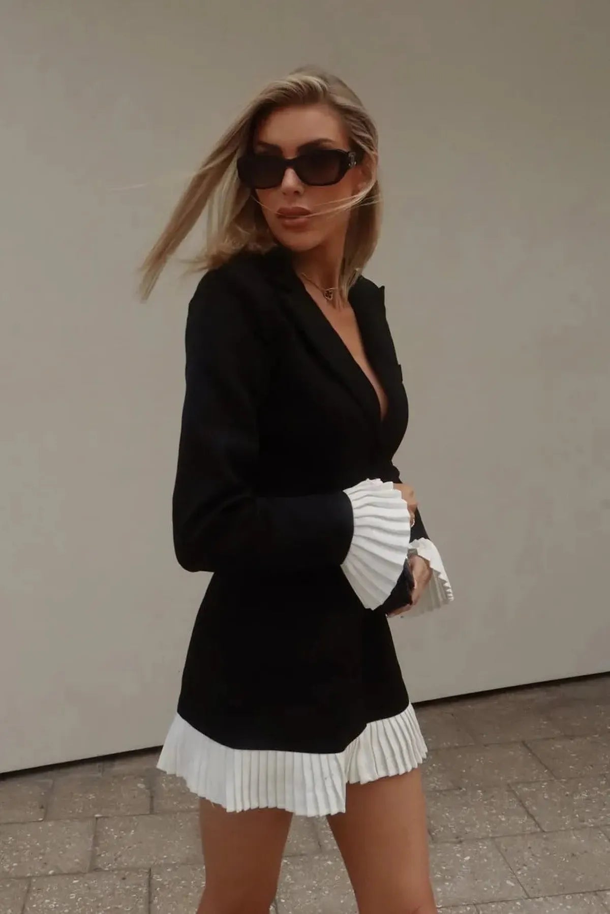 V-Neck Pleated Classy Mini Dress with Button Front Closure 2