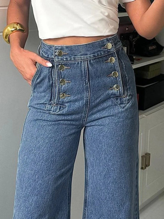 Vintage Blue Jeans for Women 2026 New High Waist Gold Double Button Pockets Out Going Full-length Denim Flared Pant 181060 1