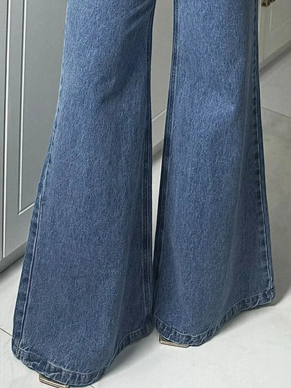 Vintage Blue Jeans for Women 2026 New High Waist Gold Double Button Pockets Out Going Full-length Denim Flared Pant 181060 2