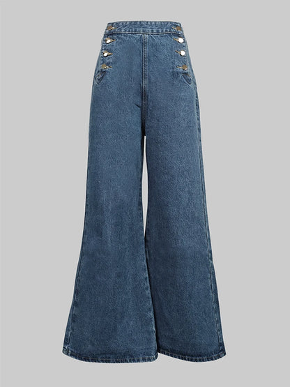 Vintage Blue Jeans for Women 2026 New High Waist Gold Double Button Pockets Out Going Full-length Denim Flared Pant 181060 4