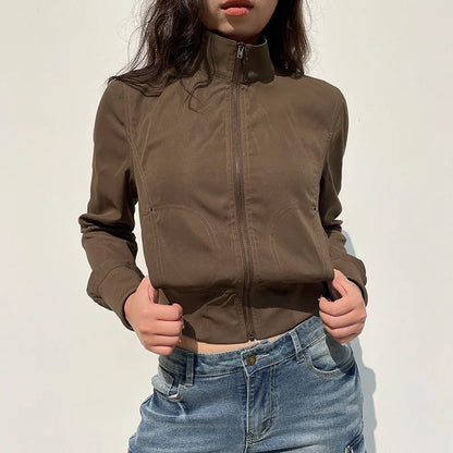 Vintage Cropped Jackets for Women Harajuku Casual Slim Fit Zipper Coat Y2K Streetwear Long Sleeve Outerwear Autumn 1