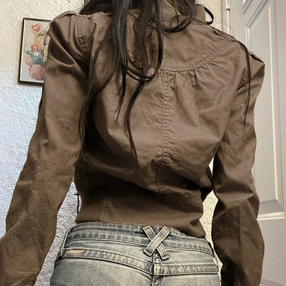 Vintage Cropped Jackets for Women Harajuku Casual Slim Fit Zipper Coat Y2K Streetwear Long Sleeve Outerwear Autumn 3
