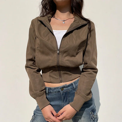 Vintage Cropped Jackets for Women Harajuku Casual Slim Fit Zipper Coat Y2K Streetwear Long Sleeve Outerwear Autumn 7