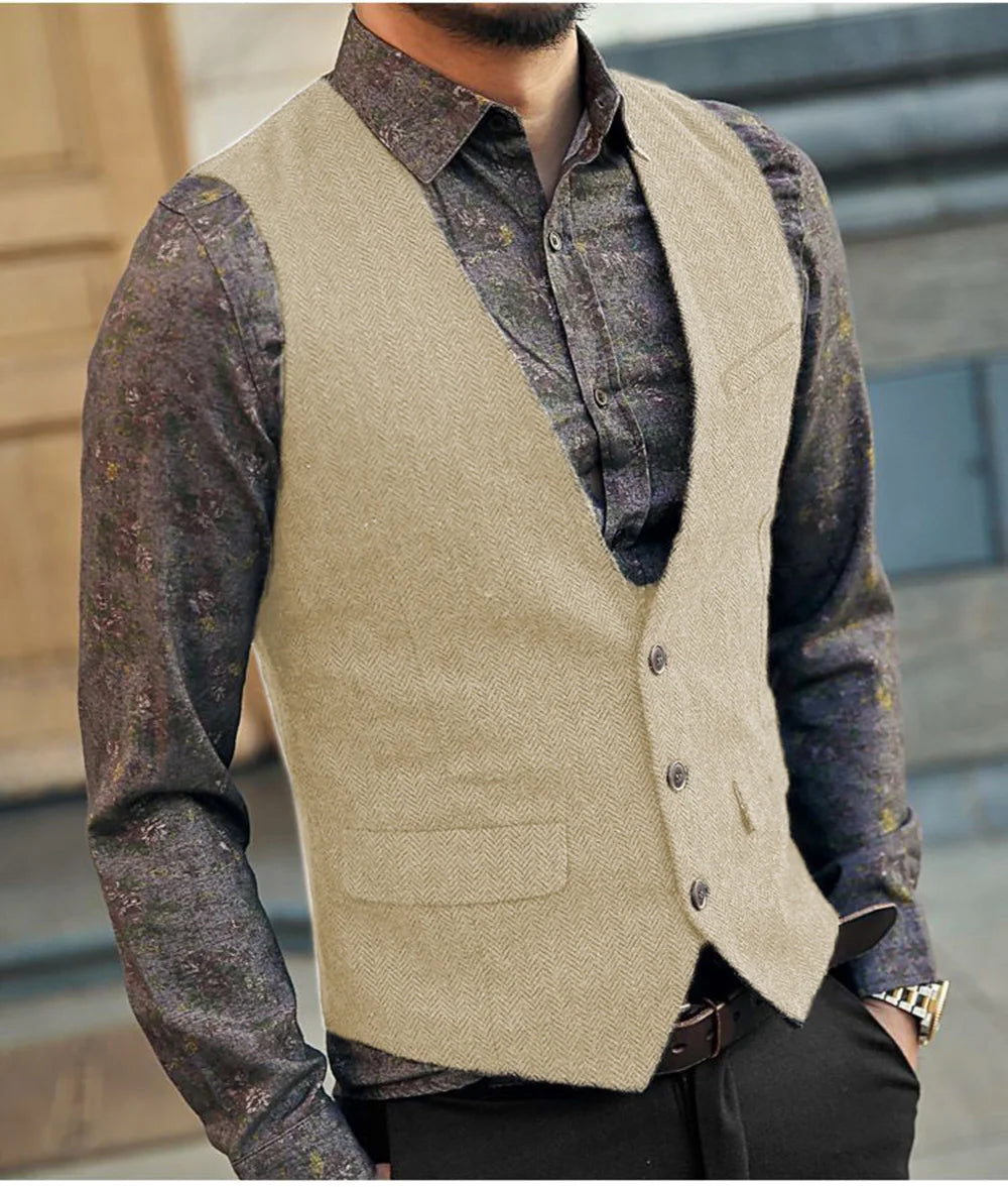 Vintage Herringbone Tweed Waistcoat – Classic V-Neck Formal Attire 0