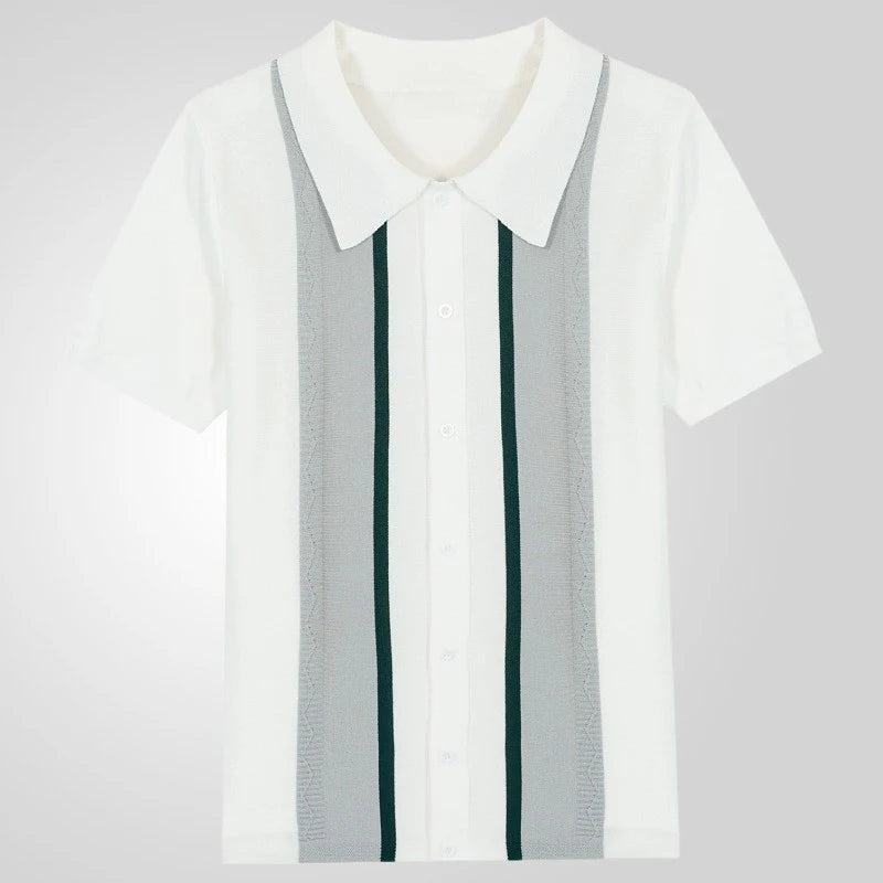 Vintage Knit Polo Shirt – Unique Patchwork Design for Casual Elegance 3