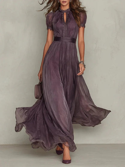 Vintage Spliced Maxi Dress – Elegant Stand Collar for Formal Wedding Guest Events 0