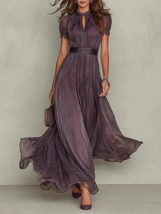Vintage Spliced Maxi Dress – Elegant Stand Collar for Formal Wedding Guest Events 0