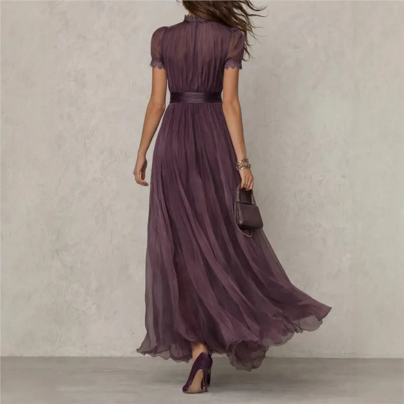 Vintage Spliced Maxi Dress – Elegant Stand Collar for Formal Wedding Guest Events 2