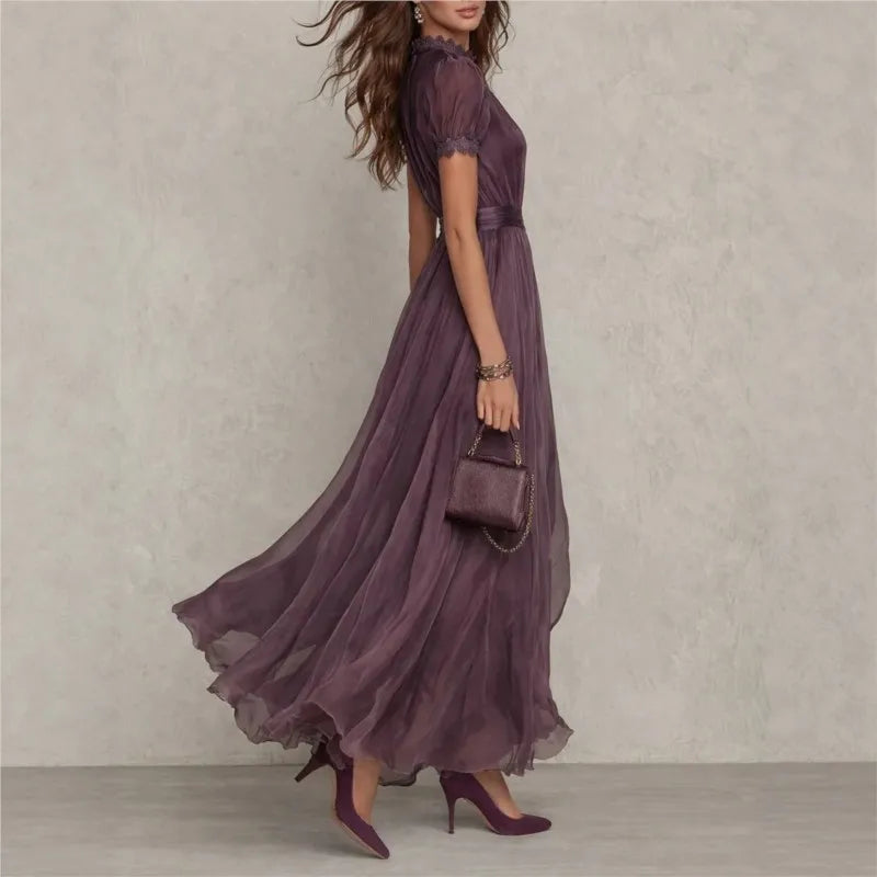 Vintage Spliced Maxi Dress – Elegant Stand Collar for Formal Wedding Guest Events 4