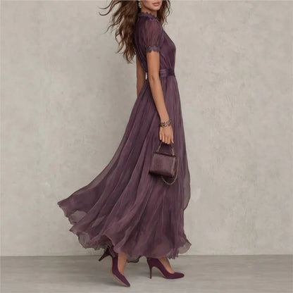 Vintage Spliced Maxi Dress – Elegant Stand Collar for Formal Wedding Guest Events 4