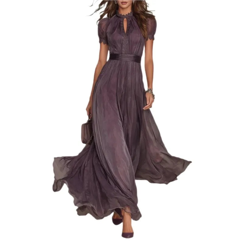Vintage Spliced Maxi Dress – Elegant Stand Collar for Formal Wedding Guest Events 5