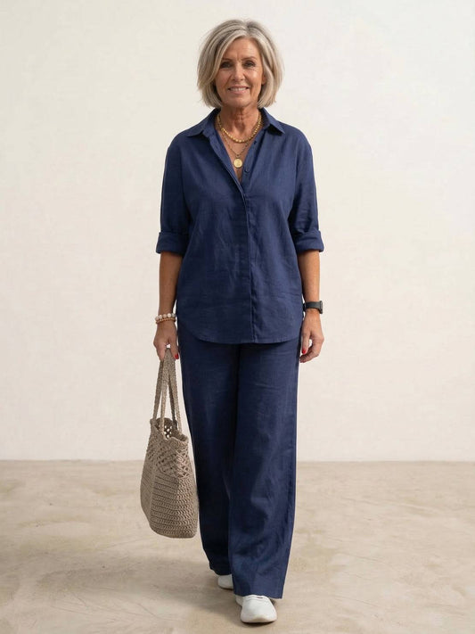 Vivian | Women's Casual Button-Down Shirt and Wide-Leg Pants Set 0