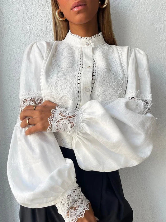 White Lace Blouses Women Elegant Solid Casual Lace and Button Hook Flower Hollow Puff Sleeves Blouse Top Lady Office Shirts 0