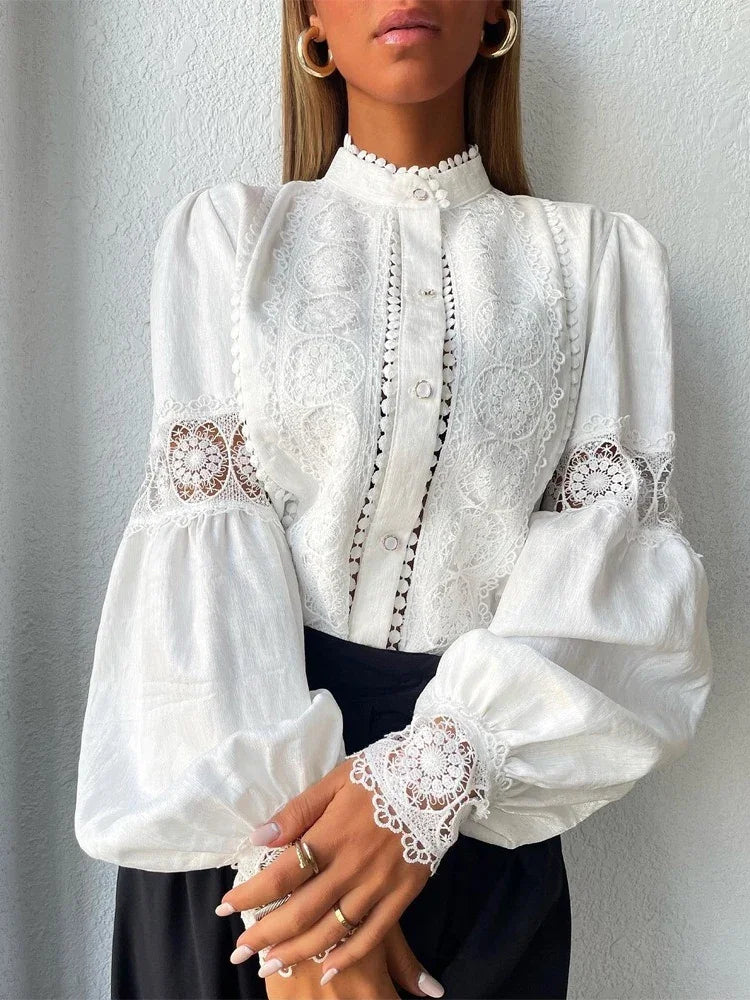 White Lace Blouses Women Elegant Solid Casual Lace and Button Hook Flower Hollow Puff Sleeves Blouse Top Lady Office Shirts 2