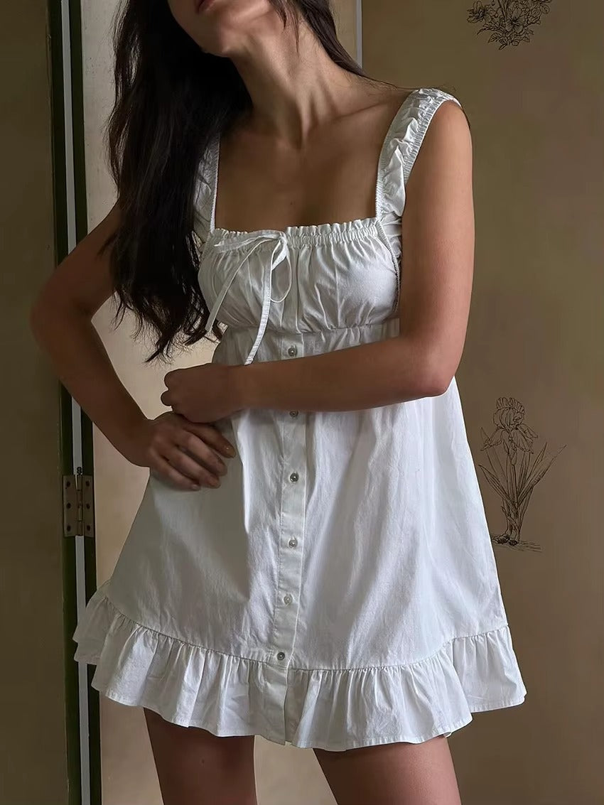White Linen Button Front Mini Dress 0