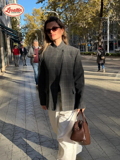 Women Plaid Print Blazer Jacket Fashion Stand Collar Full Sleeve Split Loose Short Coat Spring Female Daily Commute Outerwear 0