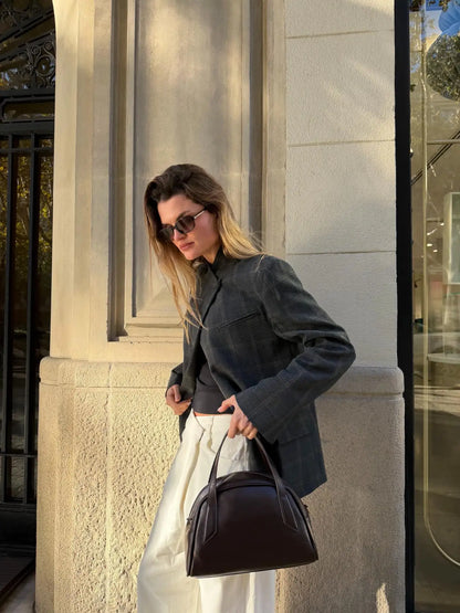 Women Plaid Print Blazer Jacket Fashion Stand Collar Full Sleeve Split Loose Short Coat Spring Female Daily Commute Outerwear 2