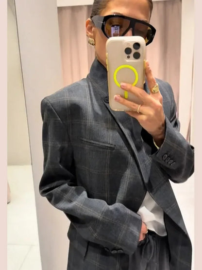 Women Plaid Print Blazer Jacket Fashion Stand Collar Full Sleeve Split Loose Short Coat Spring Female Daily Commute Outerwear 4