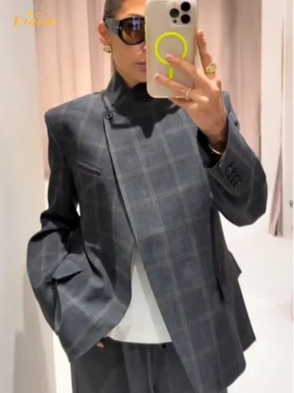 Women Plaid Print Blazer Jacket Fashion Stand Collar Full Sleeve Split Loose Short Coat Spring Female Daily Commute Outerwear 5