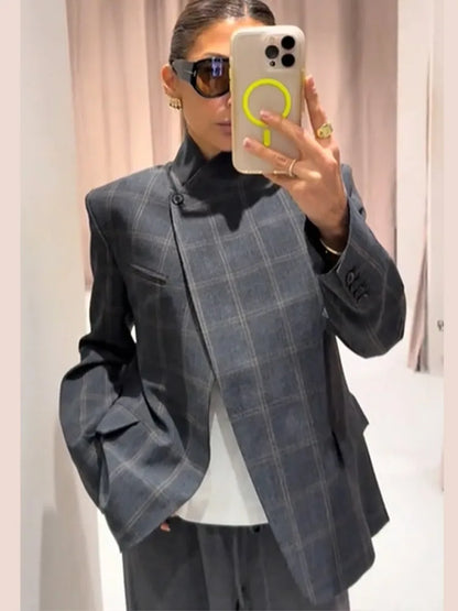 Women Plaid Print Blazer Jacket Fashion Stand Collar Full Sleeve Split Loose Short Coat Spring Female Daily Commute Outerwear 6