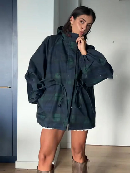 Women Vintage Grid Loose Jacket Oversize Loose Stand Collar Coat Long Sleeve Hoodie Lace Up Outwears 2025 New Lady Streetwears 0