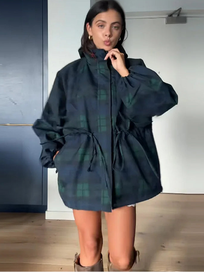 Women Vintage Grid Loose Jacket Oversize Loose Stand Collar Coat Long Sleeve Hoodie Lace Up Outwears 2025 New Lady Streetwears 1