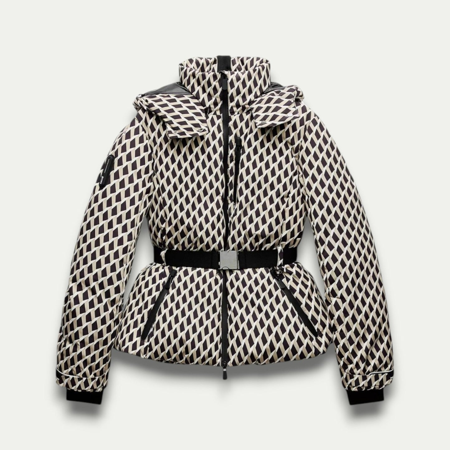 Women’s Belted Beige Patterned Puffer Jacket 0