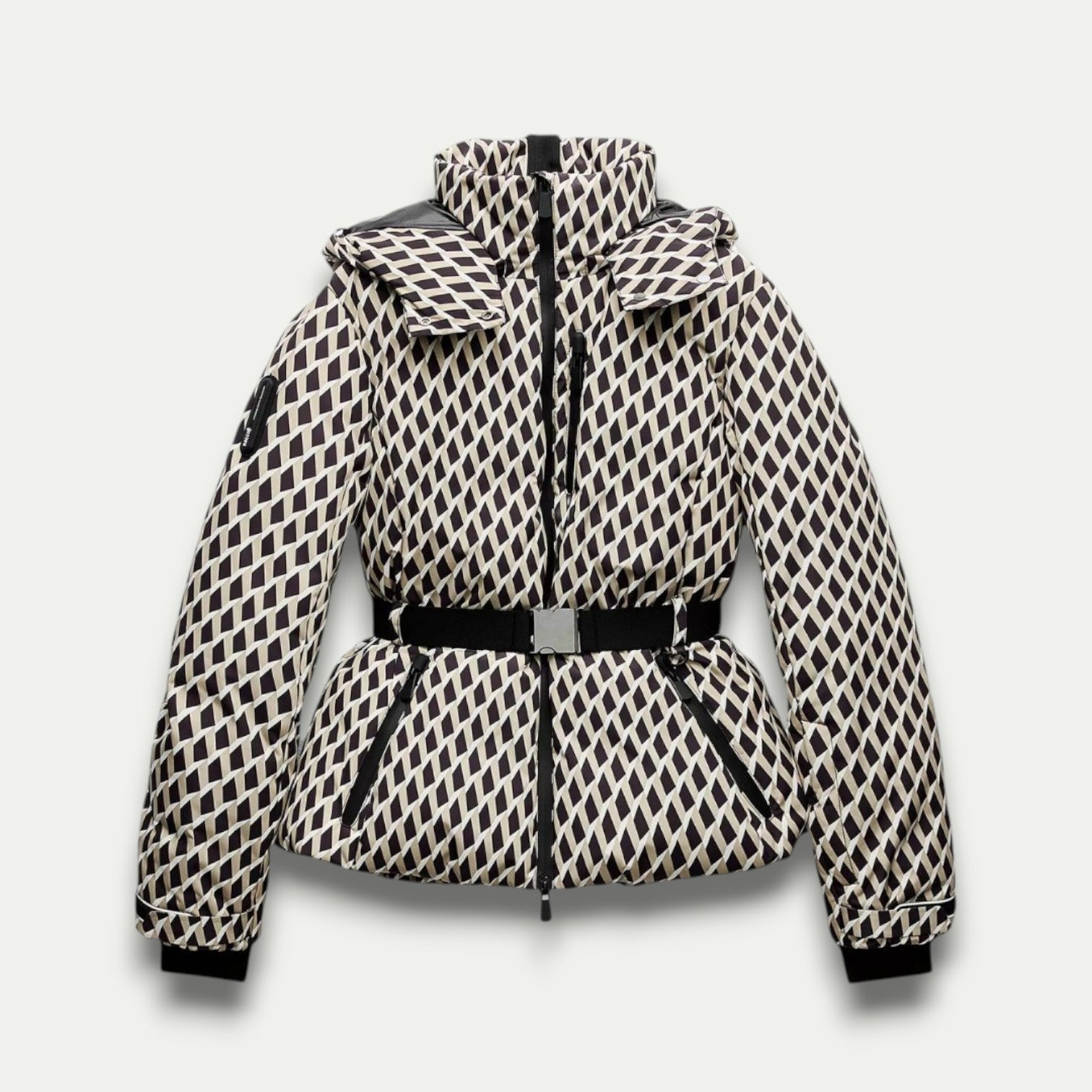 Women’s Belted Beige Patterned Puffer Jacket 0