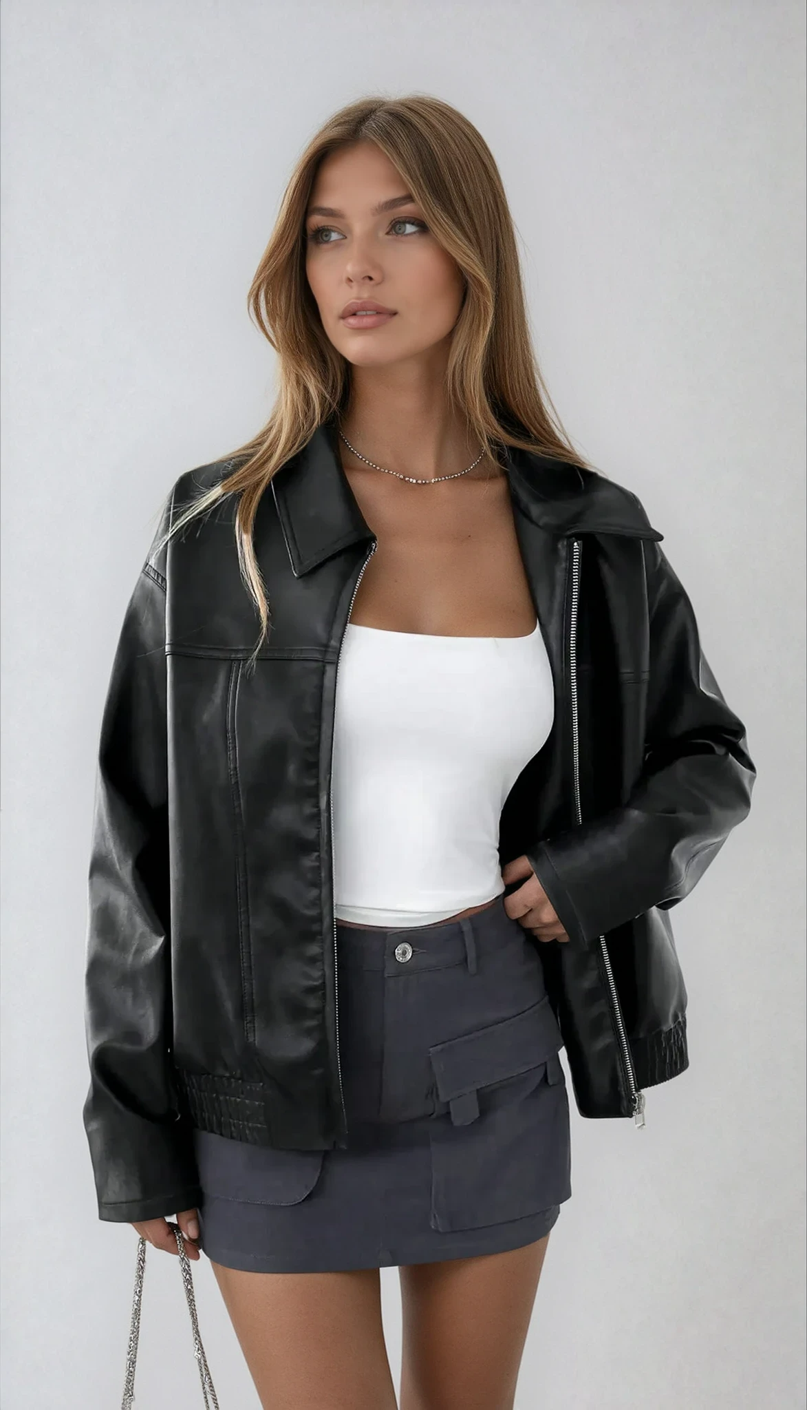 Women's Casual Black Faux Leather Jacket 1